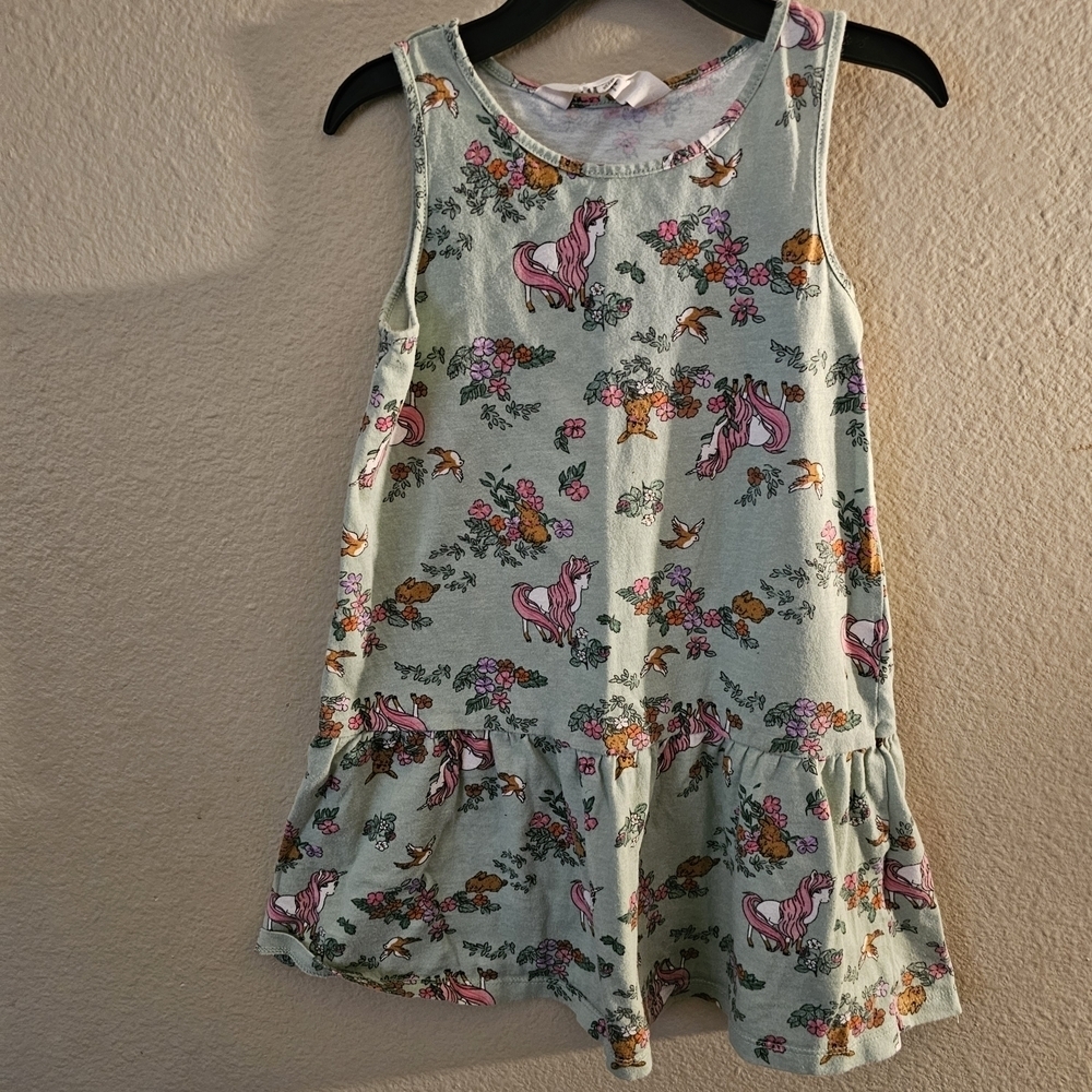 H&M Kids Dress with Unicorn and Floral Print - Mint Green and Pink